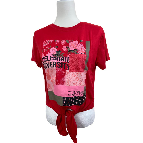 Women's Hot & Delicious Red Celebrate Diversity T-Shirt Tie in Front Large - Picture 1 of 11
